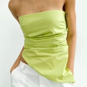 Zara Strapless Asymmetrical Poplin Top in Lime Green
